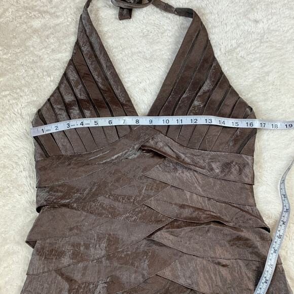 Cache chocolate brown scalloped bandage halter cocktail party dress, size 8 - Picture 6 of 12